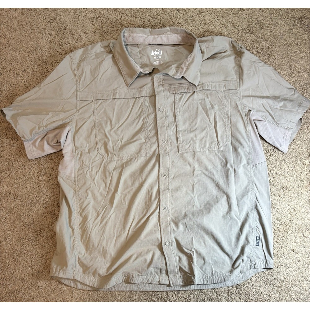 REI Shirt Men XL Co-op‎ Nylon Khaki Sahara Stretch Moisture Wicking Outdoor